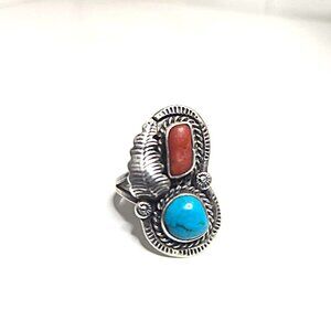 Vintage Native Turquoise and Coral Ring Sterling Silver
